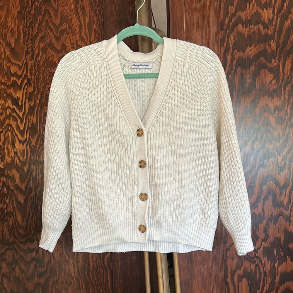 Tommy Bahama Knit Cropped Cream Cardigan Sweater